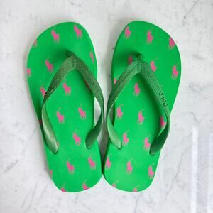 Ralph Lauren Flip Flops Green Pink Polo Pony Logo Women’s 5-6